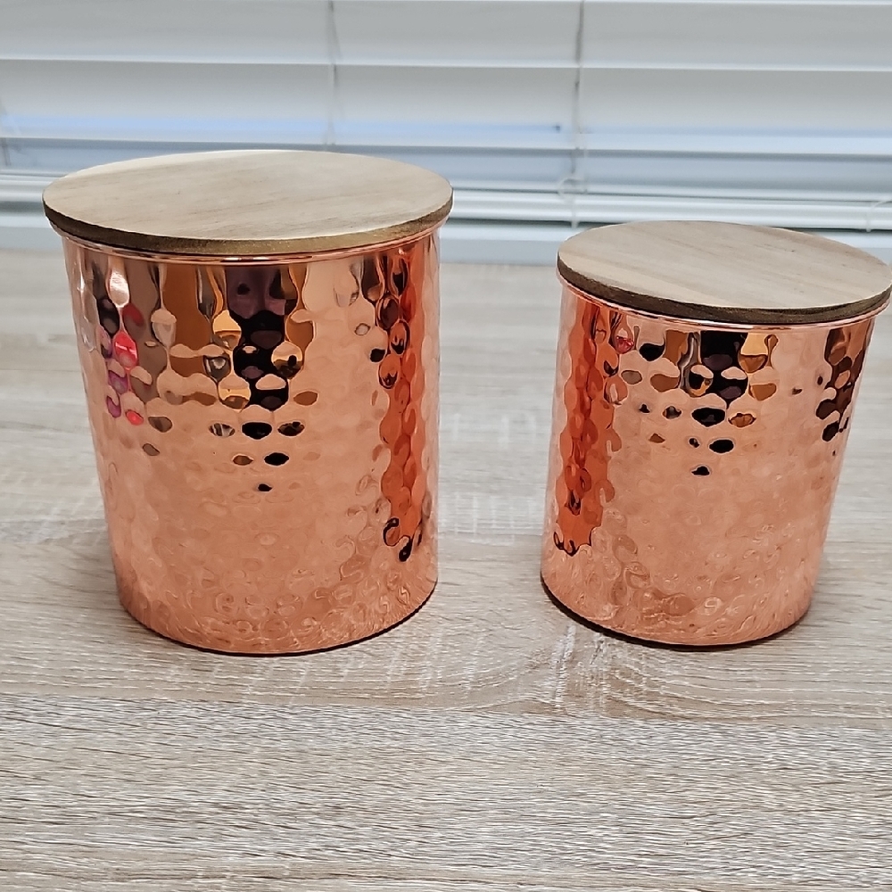 Copper Hammered Canister with Wooden Lid - Set of 2